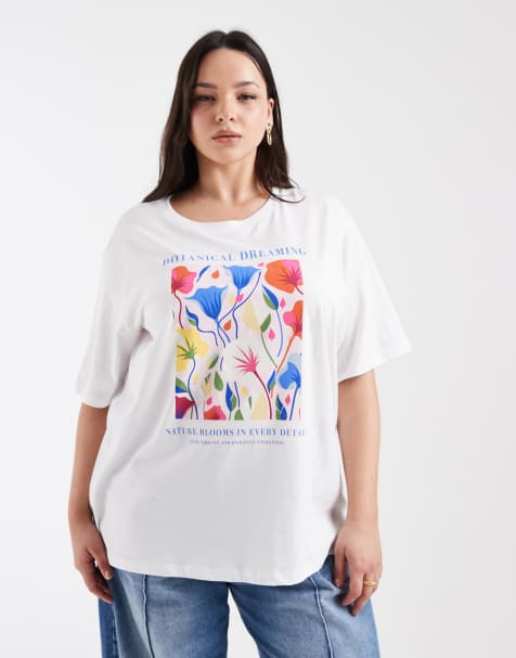 ONLY Curve flower graphic print oversized t-shirt in white - view 1