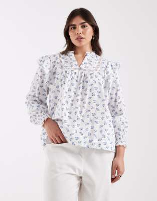 Only Curve Frill Detail Floral Print Top In Blue