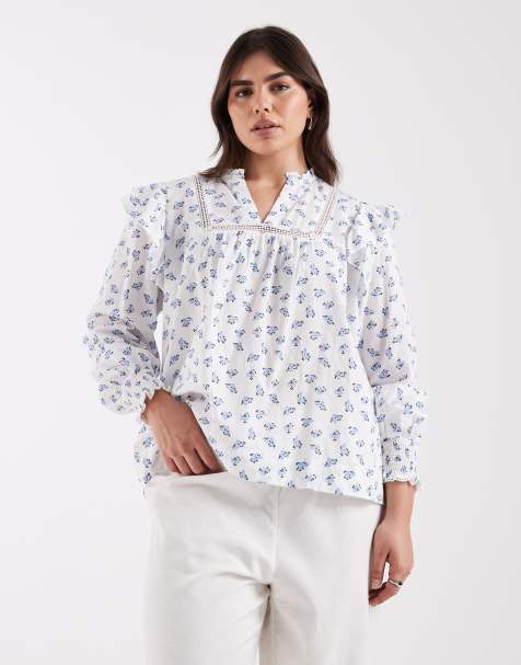 ONLY Curve frill detail floral print top in light blue - view 1