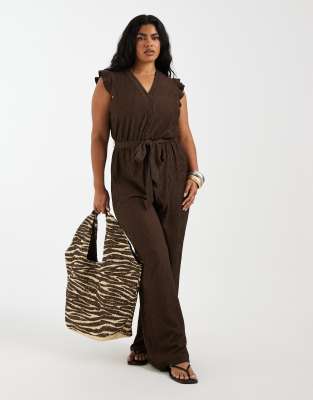 Only Curve Frill Details Jumpsuit In Brown