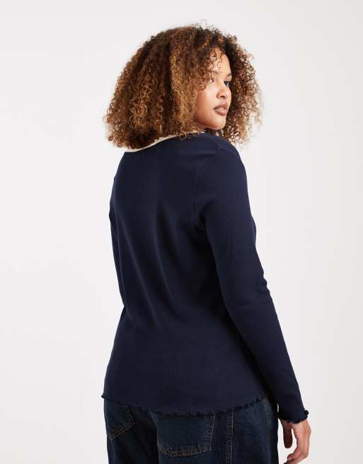 ONLY Curve frill trim cardigan in navy, 4 of 4