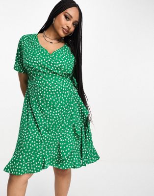 Only Curve frill wrap mini dress in green ditsy floral - ASOS Price Checker