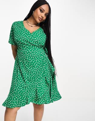 Only Curve Frill Wrap Mini Dress In Green Ditsy Floral In Green