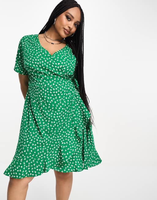 Only Curve frill wrap mini dress in green ditsy floral