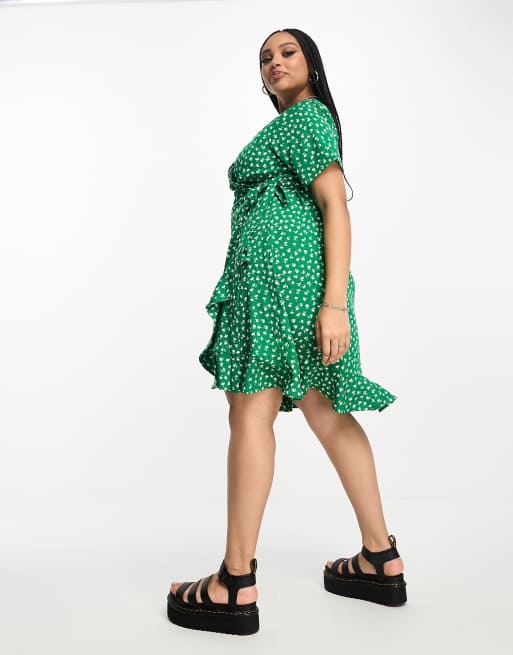 Only Curve frill wrap mini dress in green ditsy floral