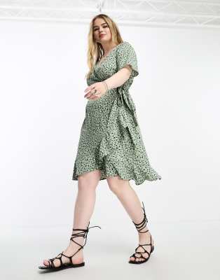 Only Curve frill wrap mini dress in green spot