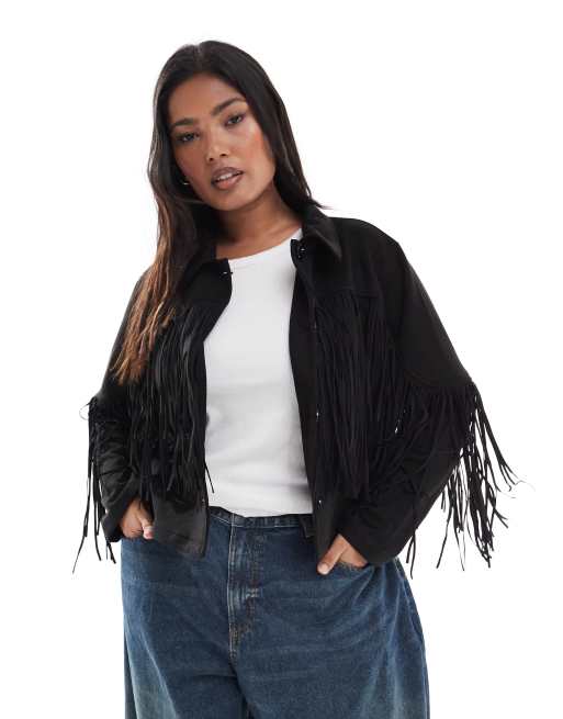 ONLY Curve fringe detailing faux suede cropped jacket in black