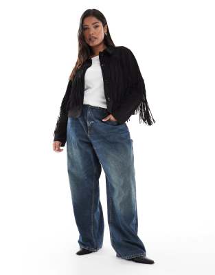 Only Curve Fringe Detailing Faux Suede Cropped Jacket In Black