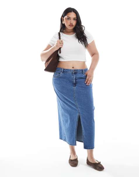 ONLY Curve front slit denim midi skirt in mid blue - view 1