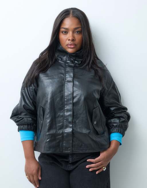 ONLY Curve funnel neck faux leather bomber jacket in black, 3 of 4