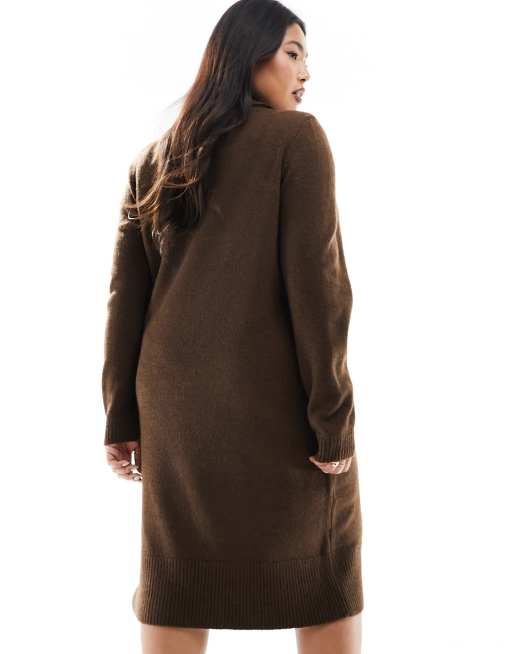 Only Curve Gebreide jurk met col in bruin ASOS