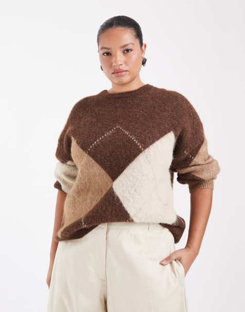 ONLY Curve gebreide trui met ronde hals in beige met argyle - view 1