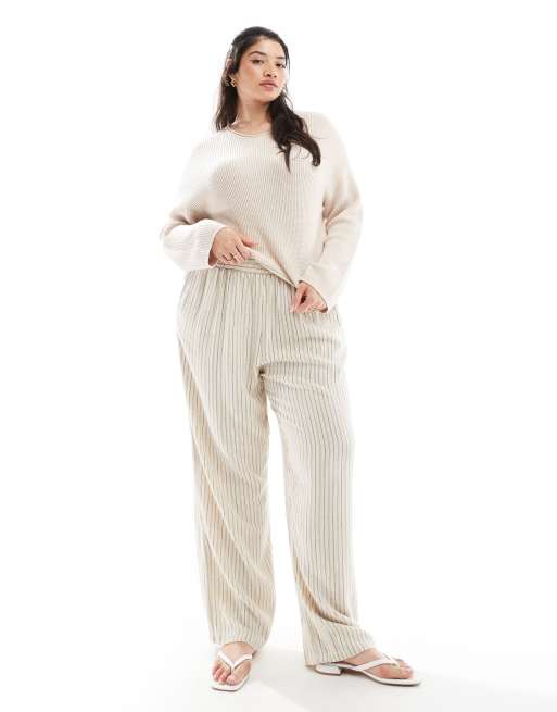 ONLY Curve - Gestreepte broek met hoge taille in beige en bruin 