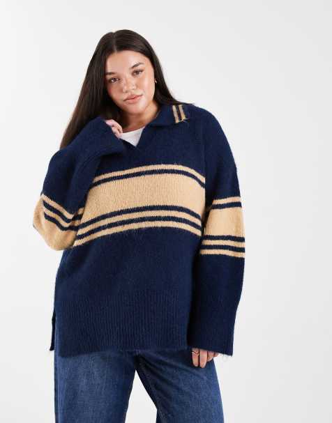 ONLY Curve – Gestricktes Polohemd in Marineblau mit Streifen - view 1