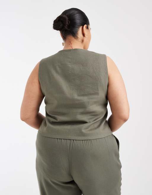 Only Curve - Gilet in misto lino verde oliva in coordinato, 4 di 4