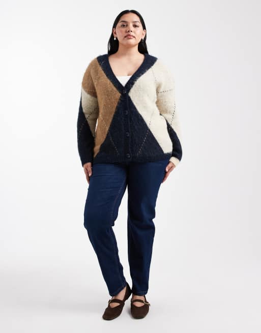 ONLY Curve - Gilet oversize en maille duveteuse à motif losanges - Bleu marine, 3 de 4