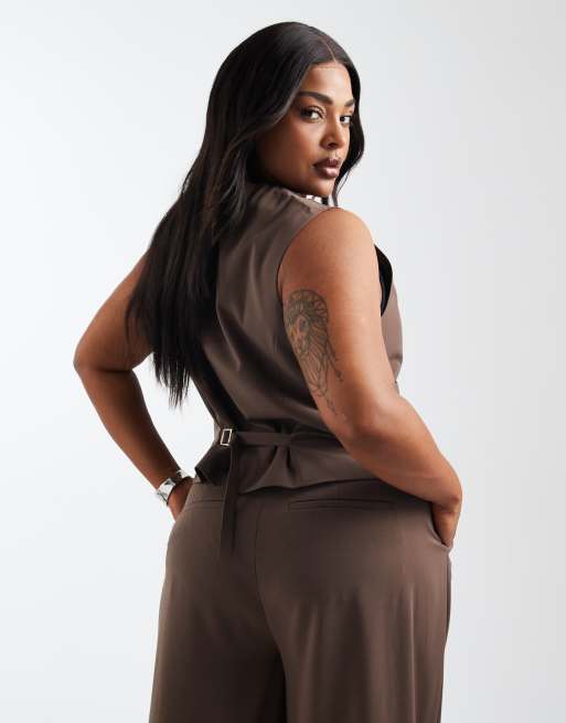 Only Curve - Gilet sartoriale marrone cioccolato in coordinato, 3 di 4