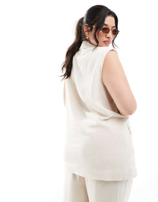 ONLY Curve - Gilet sartoriale senza maniche in misto lino crema in coordinato , 3 di 4