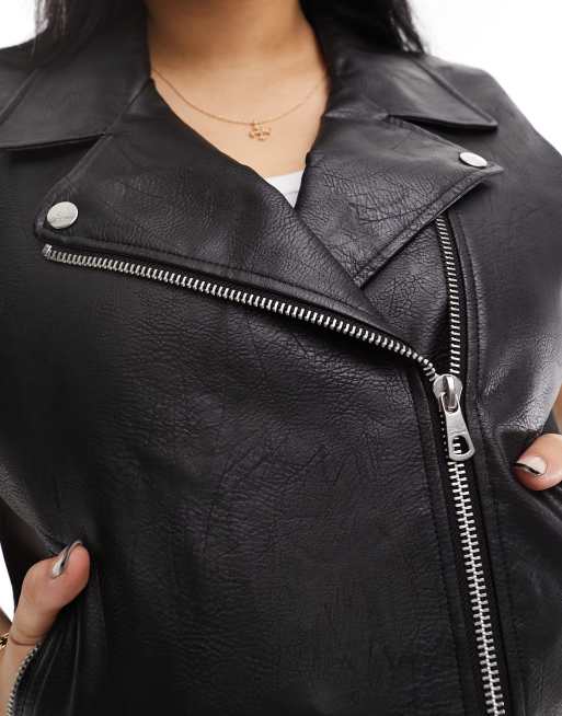 ONLY Curve - Gilet stile motociclista nero in pelle sintetica  , 3 di 4