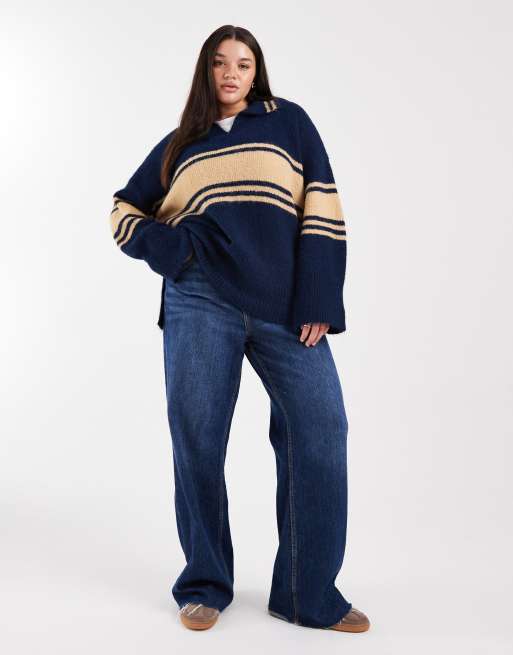 ONLY Curve – Granatowa bluza dzianinowa polo z paskami, 2 z 4
