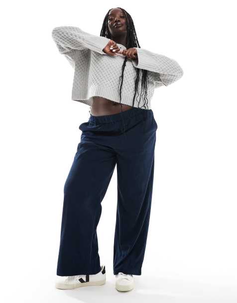 ONLY Curve wide leg pull on cord trouser in navy