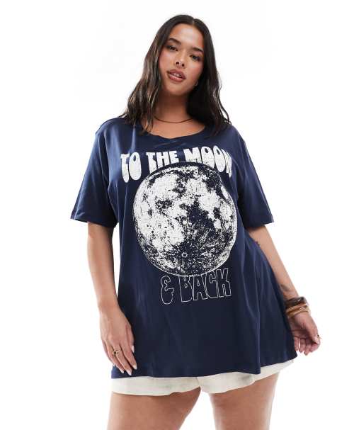 ONLY Curve – Granatowy T-shirt o fasonie boyfriend z grafiką z księżycem - view 1