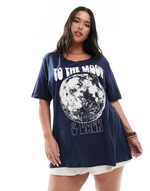 ONLY Curve – Granatowy T-shirt o fasonie boyfriend z grafiką z księżycem