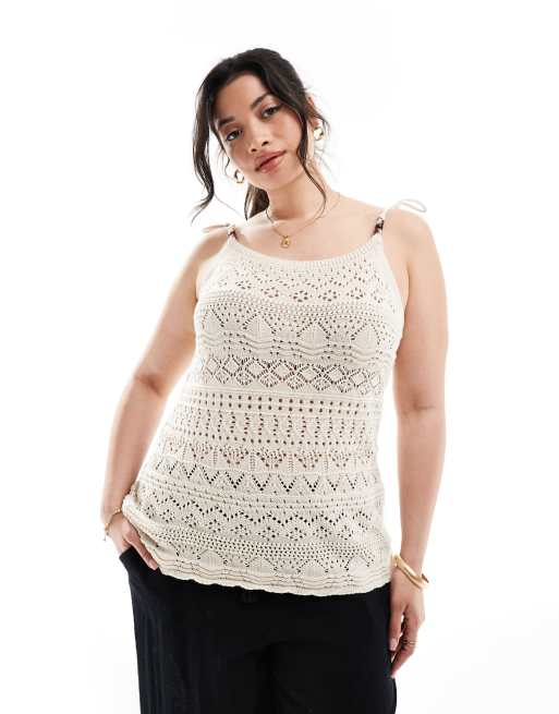 ONLY Curve – Häkel-Trägertop in Steinbeige mit Perlendetail 