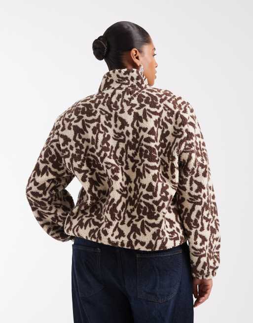 ONLY Curve half zip fleece sweat in brown & white print, 3 of 4