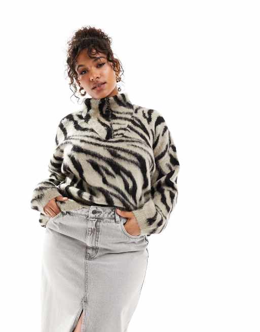 Only Curve half zip pullover jumper in taupe and black zebra print 