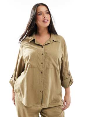 ONLY Curve - Hemdbluse aus Leinenmix in hellem Khaki, Kombiteil-Grün