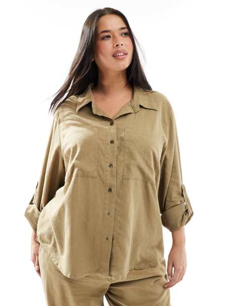 ONLY Curve – Hemdbluse aus Leinenmix in hellem Khaki, Kombiteil - view 1