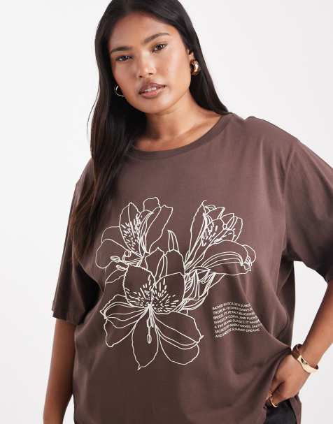 ONLY Curve hibiscus graphic oversized t-shirt in brown - view 1