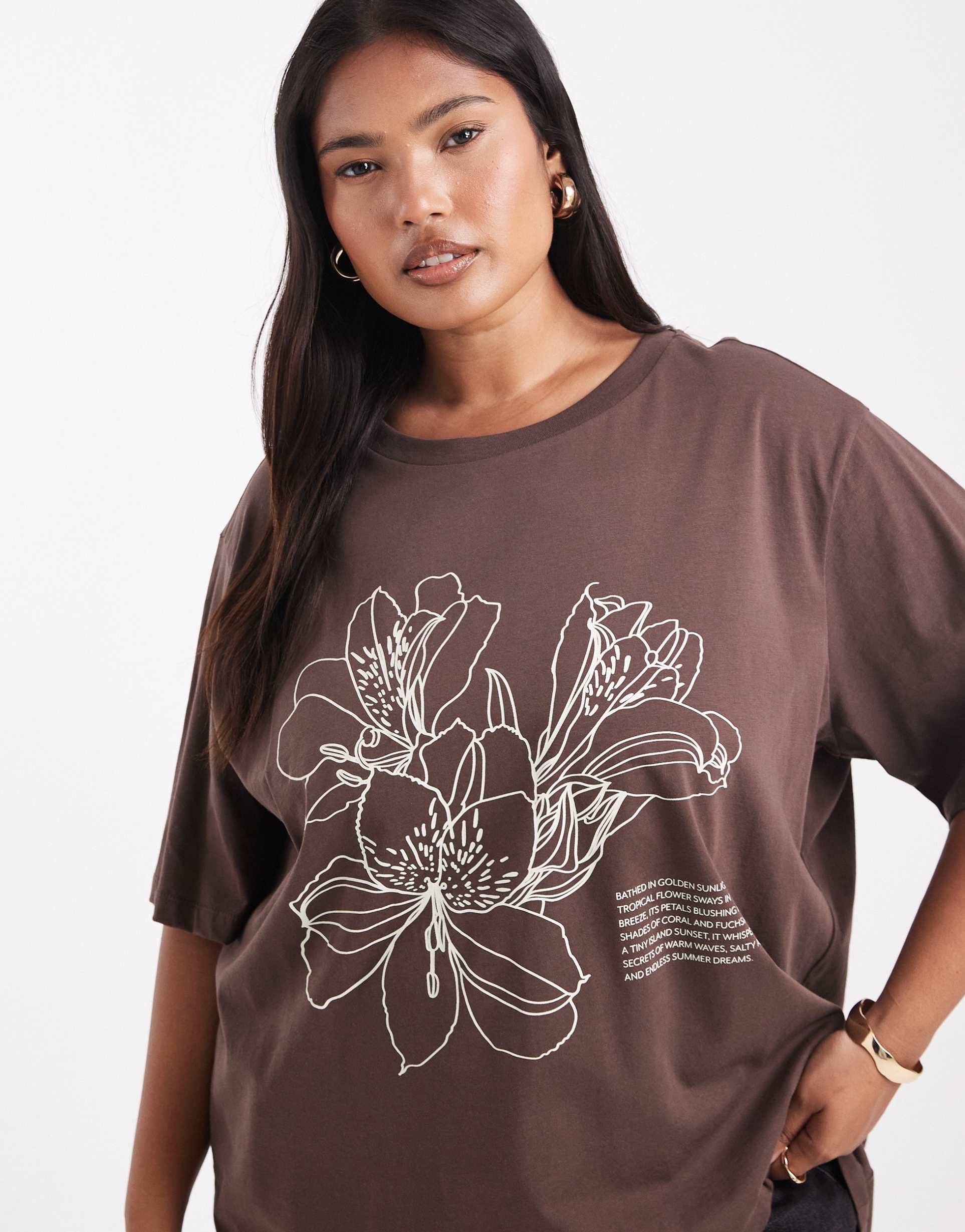 only curve hibiscus graphic oversized t-shirt in brown
