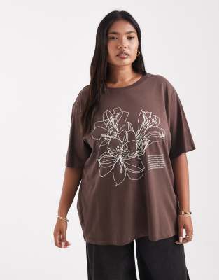Only Curve Hibiscus Graphic Oversized T-shirt In Brown