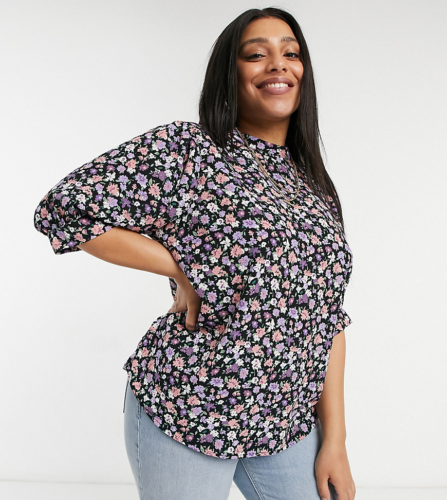 Only Curve high neck blouse in dark floral print-Multi