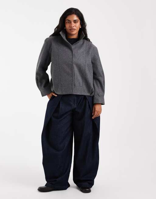 ONLY Curve high neck bomber jacket in heathered charcoal, 2 of 4