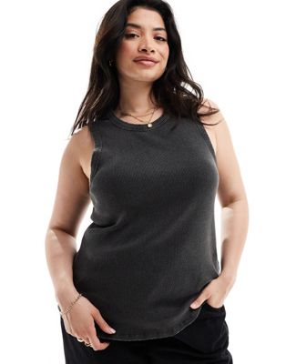 Only Curve High Neck Ribbed Tank Top In Washed Black