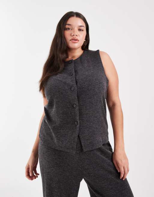 ONLY Curve light knit waistcoat & wide leg pants set in dark grey, 2 of 3