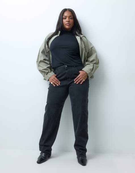 ONLY Curve high rise barrel jeans in black denim - view 1