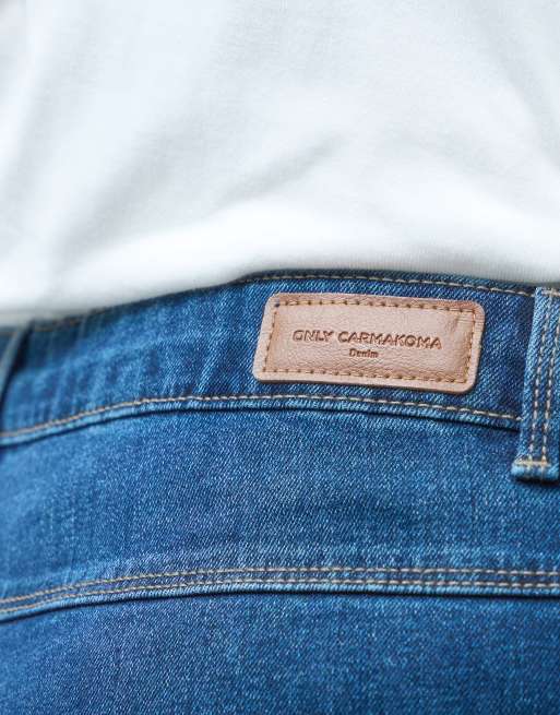 ONLY Curve high rise barrel jeans in dark blue denim, 2 of 5