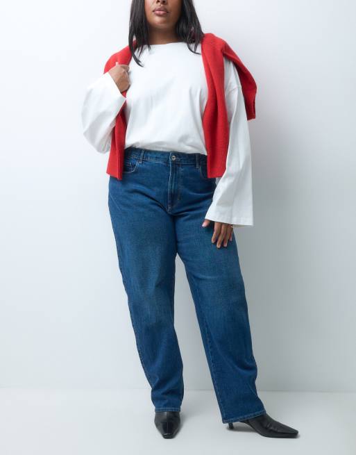 ONLY Curve high rise barrel jeans in dark blue denim, 3 of 5
