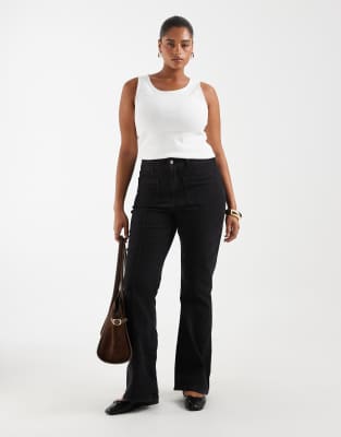 Only Curve High Rise Front Pocket Pintuck Flare Jeans In Black