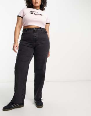 Only Curve high rise jeans with frayed hem in black