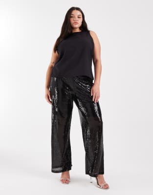 Only Curve High Waist Pull On Sequined Pants In Black