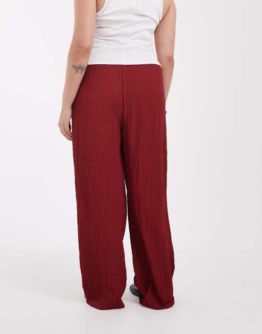 ONLY Curve high waist wide leg crinkled textured pants in dark red, 5 of 5