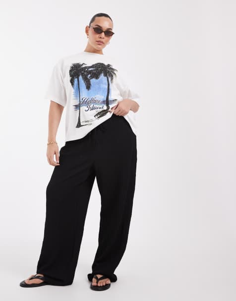 ONLY Curve high waist wide leg crinkled textured trousers in black - view 1