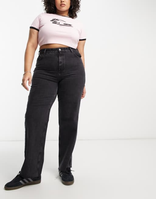 Only Curve high waisted jeans with frayed hem in black