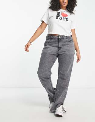 Only Curve high waisted straight leg jeans with split hem in gray acid wash 6090₽