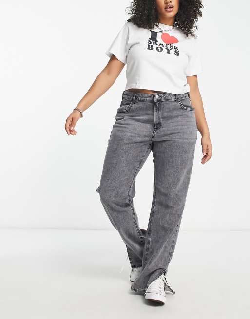 Only Curve high waisted straight leg jeans with split hem in gray acid wash